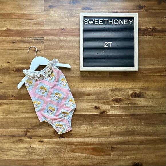 NEW SweetHoney Mary One Piece Swimsuit Sandy Beach Floral Pink Yellow Ruffle 2T - Picture 1 of 8